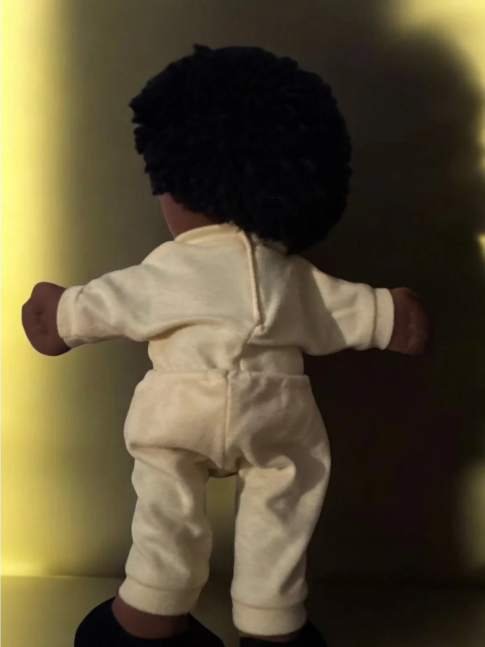 Plush Baby Doll in Yellow Outfit with Black Yarn Hair